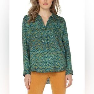 LIVERPOOL | Green Patterned Button-Up with Orange and Navy Accents